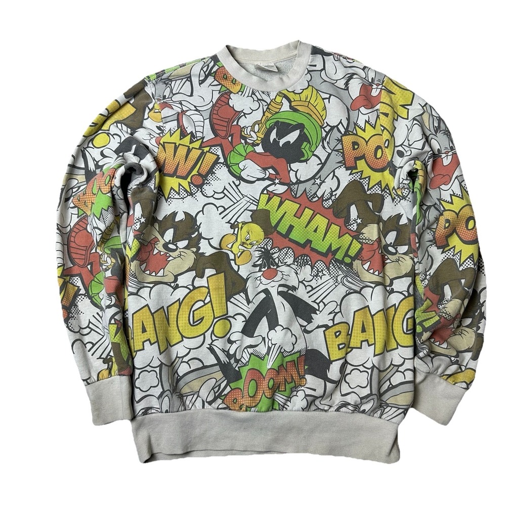 Looney Tunes Mens L Beige Graphic Sweatshirt Crewneck Comic Book Marvin Bugs Taz